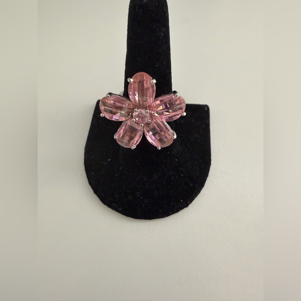 Boutique Faux Pink Stone and SilverTone Flower Statement Ring